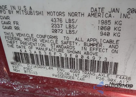 2009 Mitsubishi Galant Es/Sport Edition z USA, uszkodzony, nr VIN 4A3AB36F39E004973